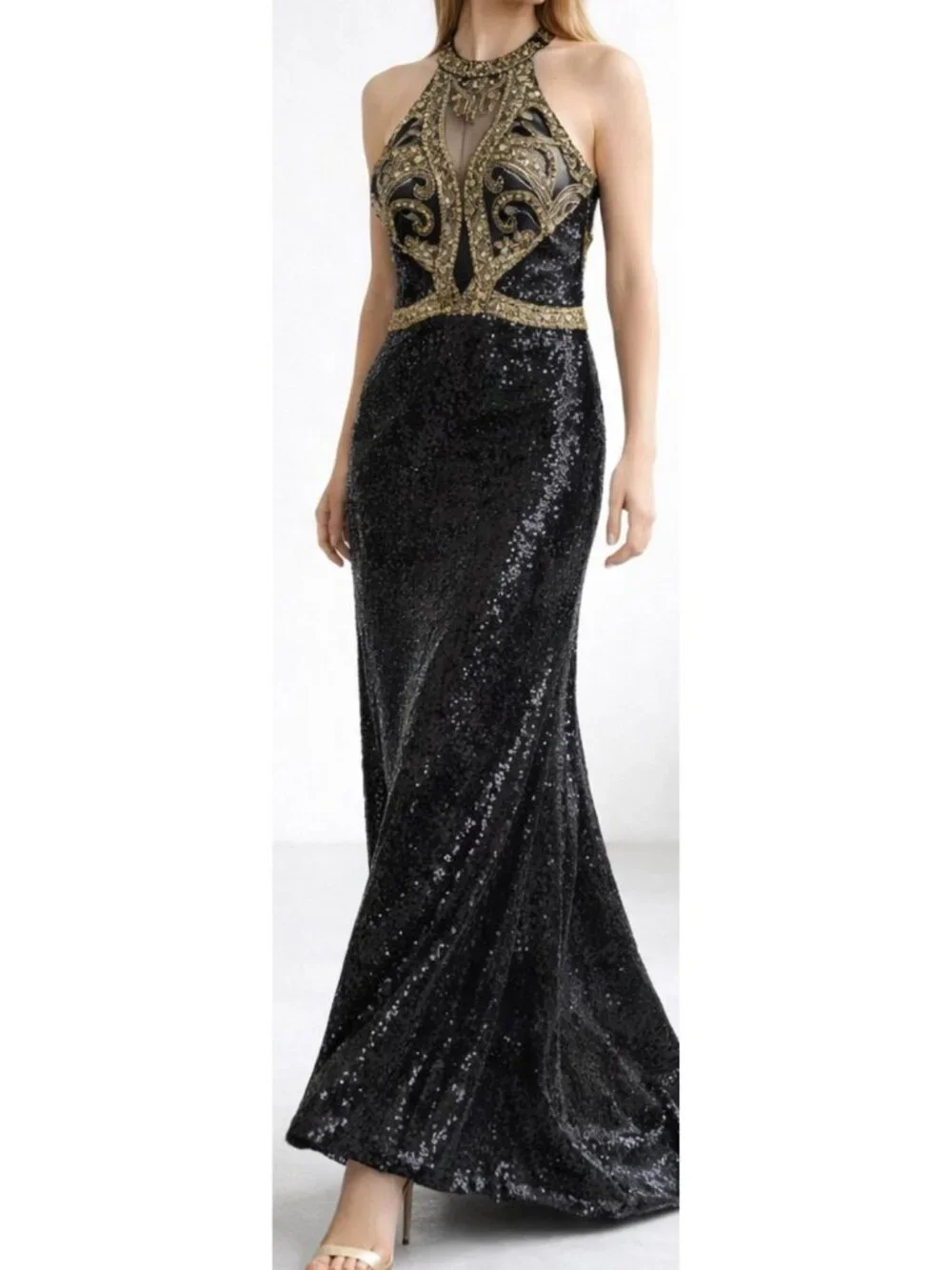 NEW Lucci Lu Women’s Black Gold Beaded Sequin Halter Gown Size 16 36295 - Picture 1 of 14